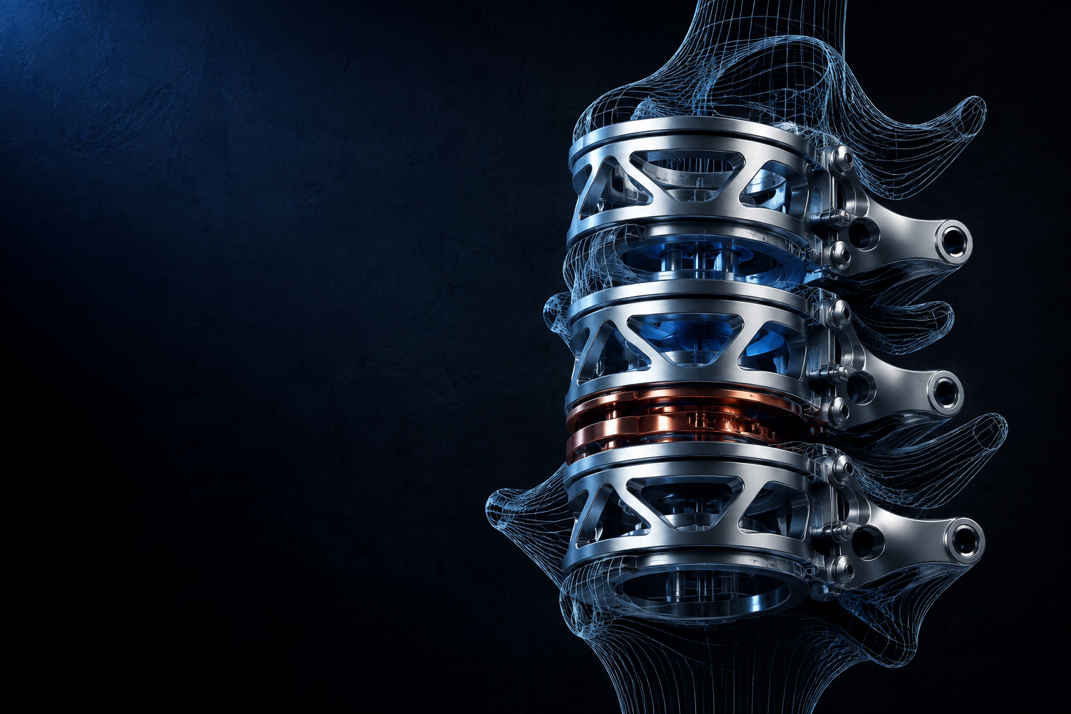 Visualización conceptual de implante biomecánico para columna